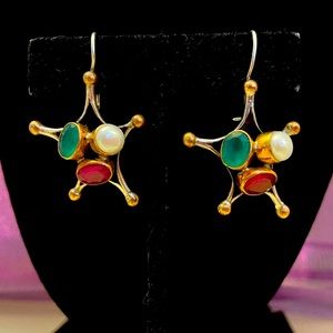 925 Sterling Silver Vermeil Emerald Ruby and Pearl Earrings